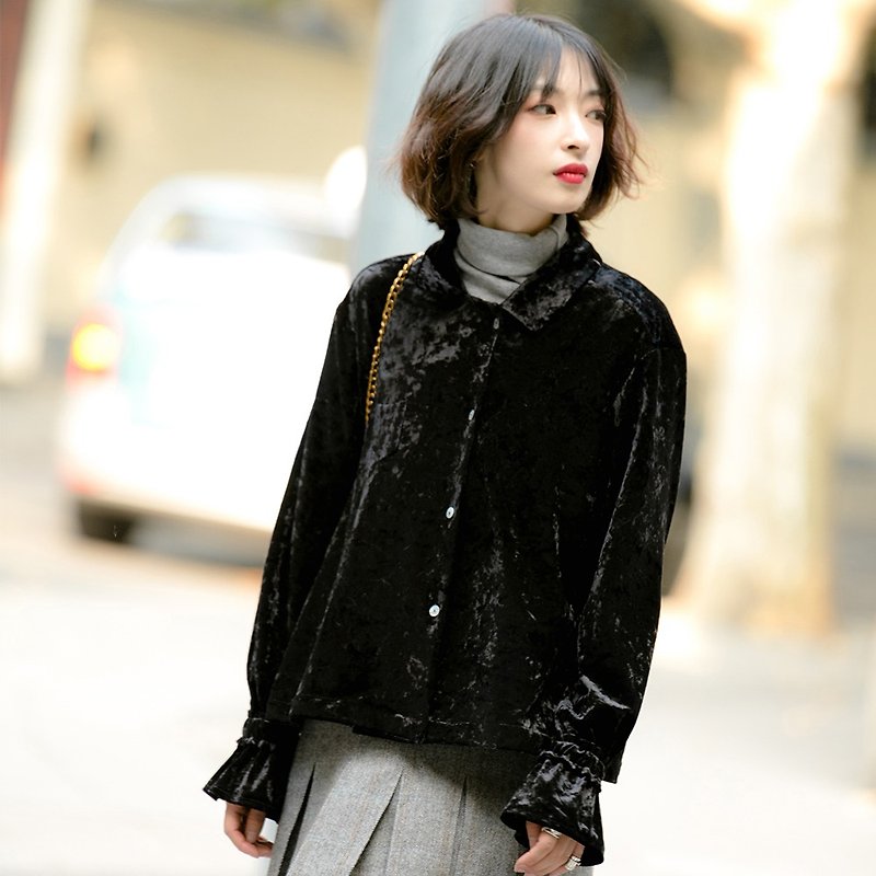 絲絨喇叭袖襯衫|上衣|冬款|聚酯纖維|Sora-398 - 女裝 上衣 - 聚酯纖維 黑色
