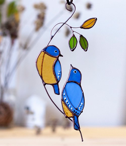 サン キャッチャー - 枝に青い鳥。 ステンドグラス 二羽の鳥 