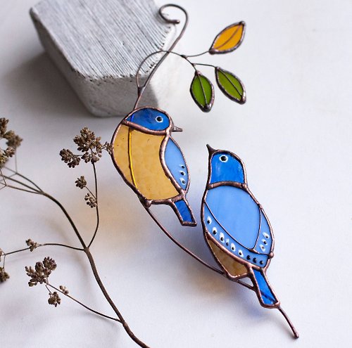 サン キャッチャー - 枝に青い鳥。 ステンドグラス 二羽の鳥 
