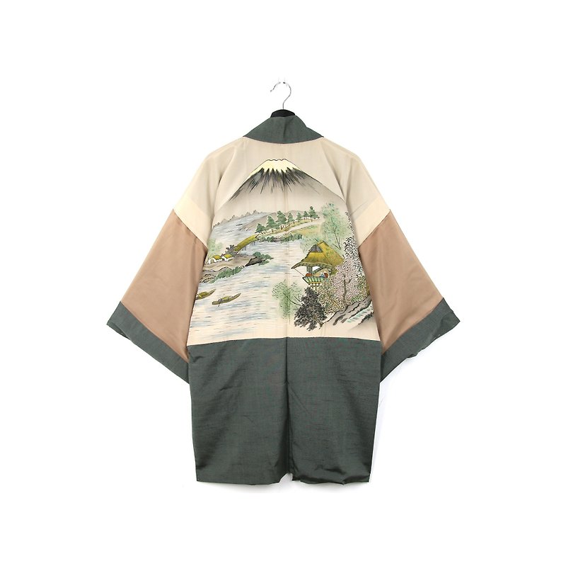 グリーン・ジャパンに戻ると、男性の羽毛カーキの風景/ビンテージ着物が復活します - アウター メンズ - シルク・絹 
