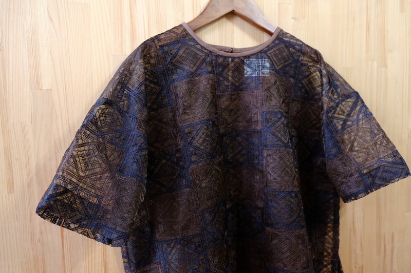 Round Neck Lace Drop Shoulder Top / Coffee Blue Geometric - Women's Tops - Other Man-Made Fibers Multicolor
