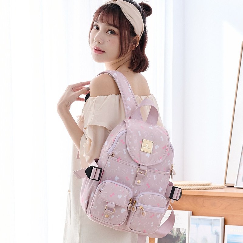 [Sweet Q Cute] Heart to Heart - Gentle Multi-Pocket Backpack with Slip Pocket - Pink Apricot - Backpacks - Nylon Multicolor