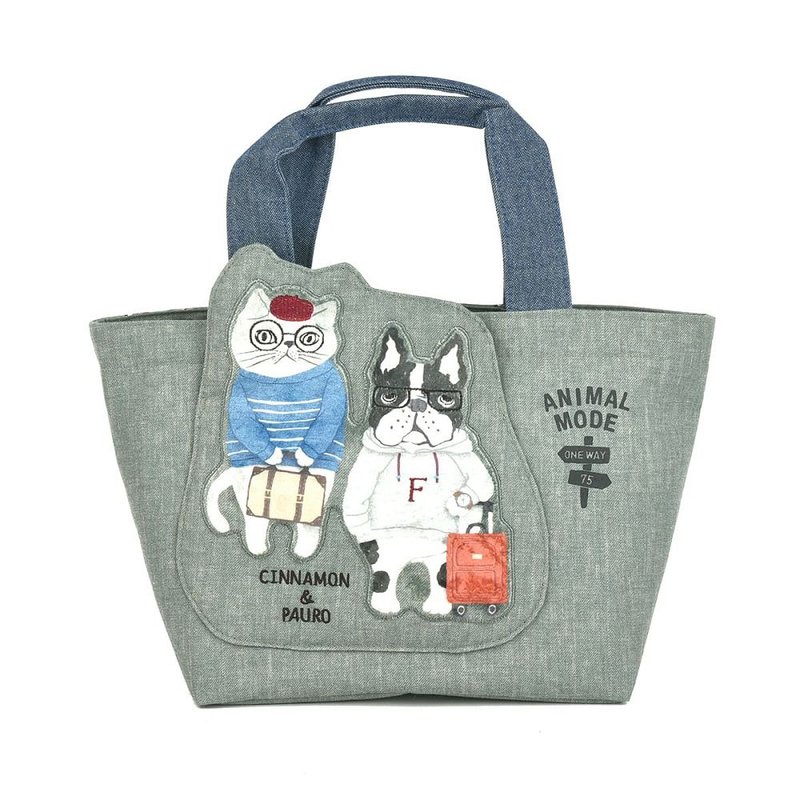 Kusuguru Japan Japanese Spectacled Cat Wide Mouth Zipper Fashion Large Pocket Handheld Tote Bag-Green - กระเป๋าถือ - เส้นใยสังเคราะห์ สีเขียว