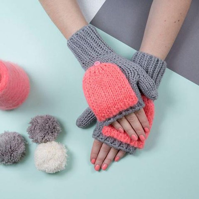 イギリス【ミスPomPomの]モヘアの指なし手袋帽子/グレー+ピンクオレンジのキャップ - 手袋 - 紙 ピンク