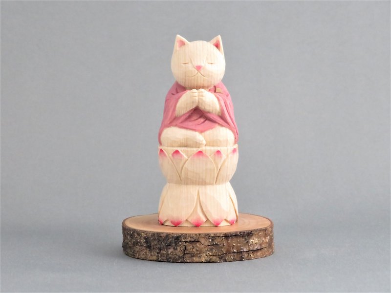 Wood carving cat, Cat to pray sitting in the lotus.021221 - Stuffed Dolls & Figurines - Wood White