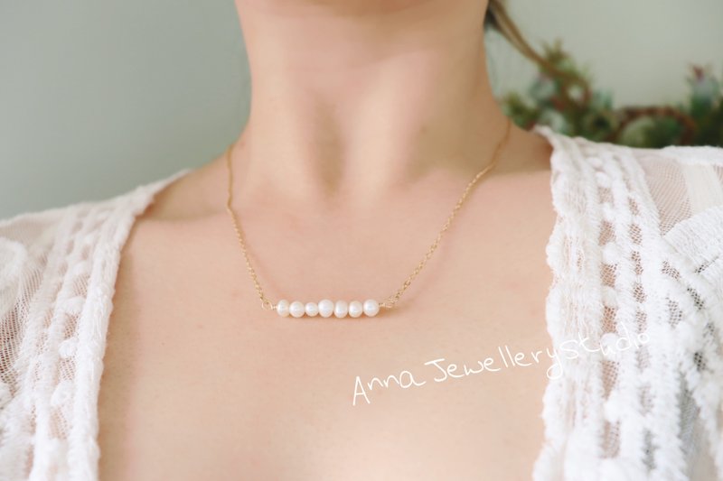 925 Silver / 14K Gold Filled White Freshwater Pearls Bar Necklace - Necklaces - Pearl 