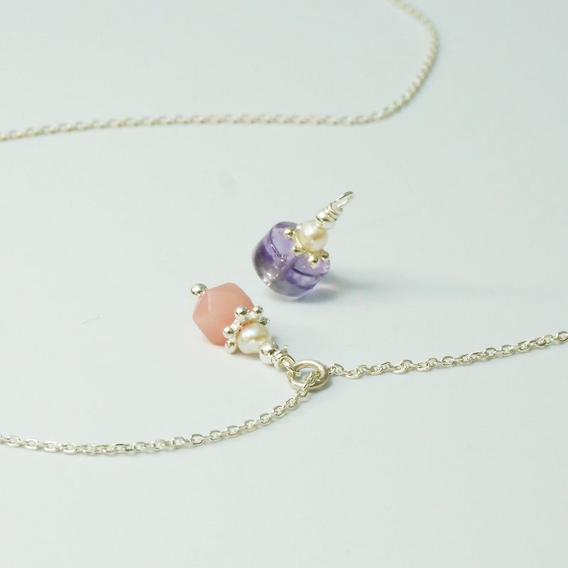 Pearl Mini Lucky Stone 2 Pink Opal Amethyst Handmade Sterling Silver Necklace - สร้อยคอ - เงินแท้ สีเงิน