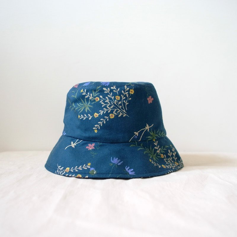 日本の生地と繊細な葉手作り帽子 - 帽子 - コットン・麻 ブルー