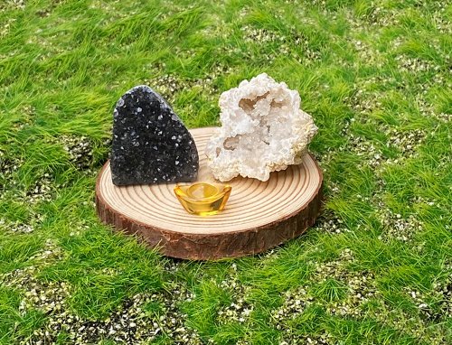 fitter 滿天星紫晶鎮x可愛楓葉造型白晶洞能量套組 消磁 招財 辦公室風水
