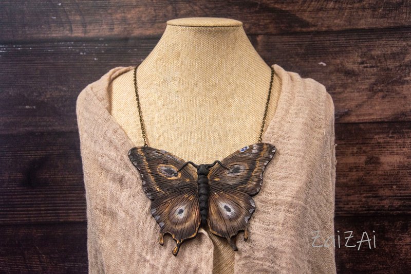 Butterfly polymer clay statement necklace bib necklace with insect - Necklaces - Plastic Multicolor