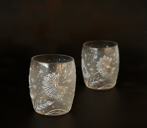 NeA Glass Dandelion Wild Flowers Cups Tea Stemless Glasses White, Hand-painted set of 2
