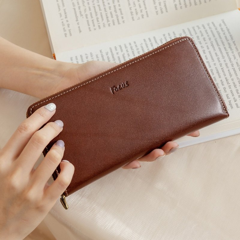 Leather ㄇ zipper long clip/ Italian vegetable tanned leather/ long clip wallet/ gift choice