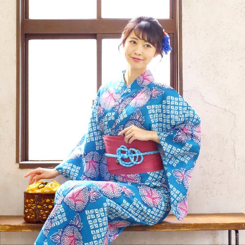 fuukakimono 日本 和服 日本染色 棉麻 梭織 女性 浴衣 腰帶 2件組 F x93-05b