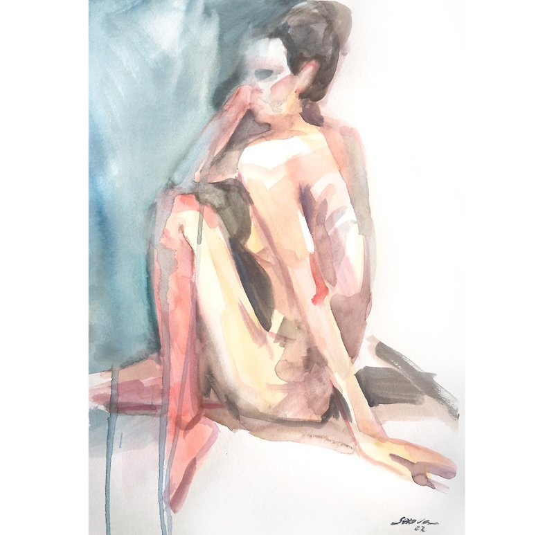 オリジナル ヌード オリジナル 水彩 女性 スケッチ 絵画 - ウォールデコ・壁紙 - 紙 ホワイト