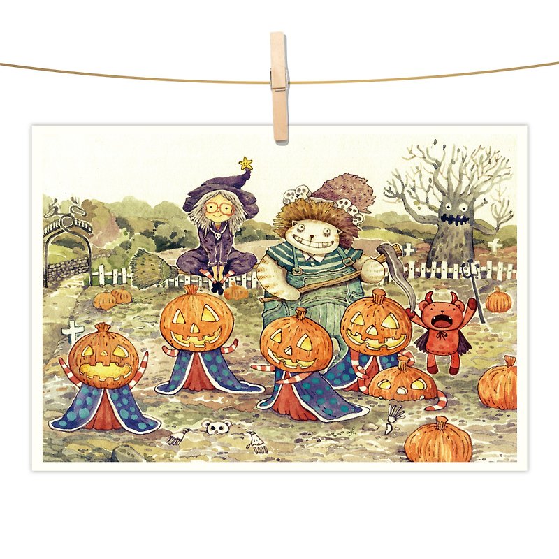 afu watercolor illustration postcard-pumpkin party - การ์ด/โปสการ์ด - กระดาษ สีส้ม