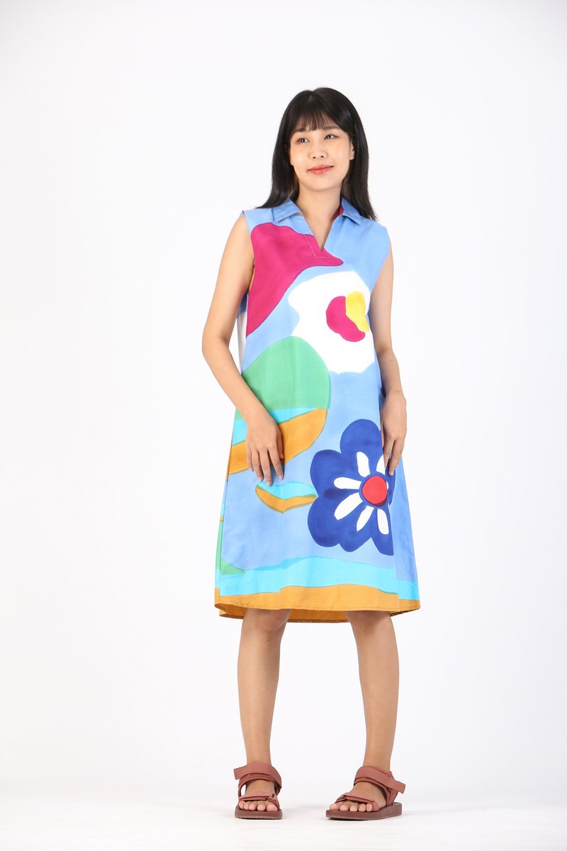 Short Dress Cotton Rayon Hand Paint For Summer Beach Vacatio - 洋裝/連身裙 - 棉．麻 粉紅色