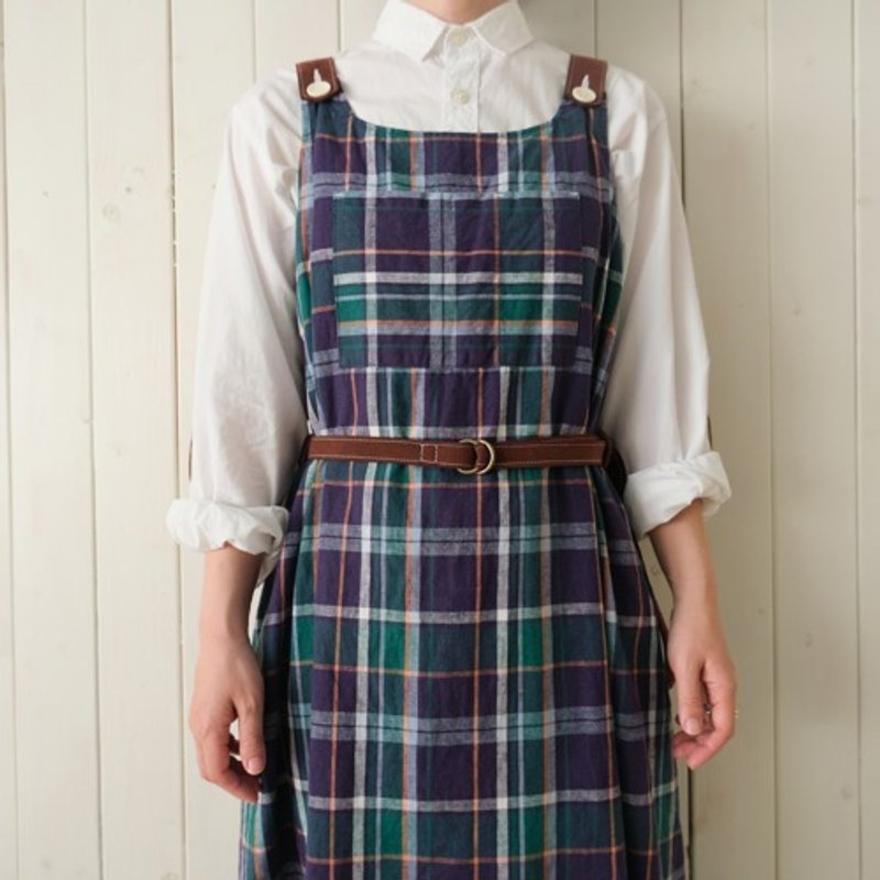 コットンリネン ワンピース　navy madras check - 洋裝/連身裙 - 其他材質 