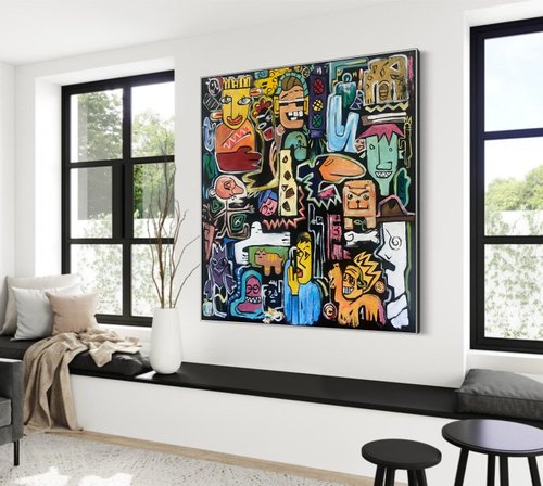 ③ラブブ　アート　ポップアート キャラクター印刷キャンバス　絵画　ブラック 抽象的な比喩的なポップアート、気まぐれなキャラクター、キャンバスに