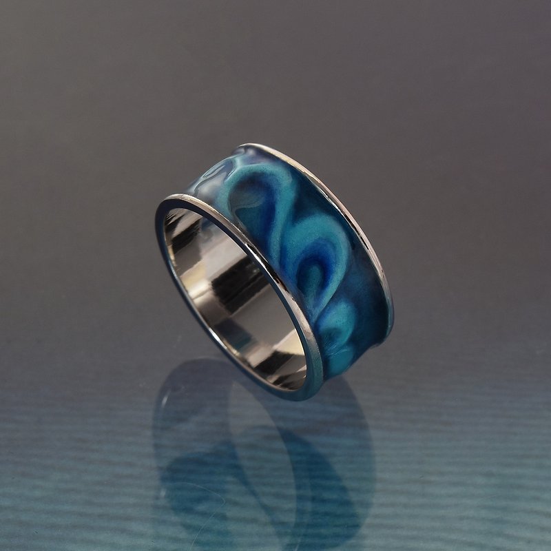 【客製化禮物】琺瑯銀戒 -深海洋流 BLUE OCEAN CURRENTS - 戒指 - 銀 多色