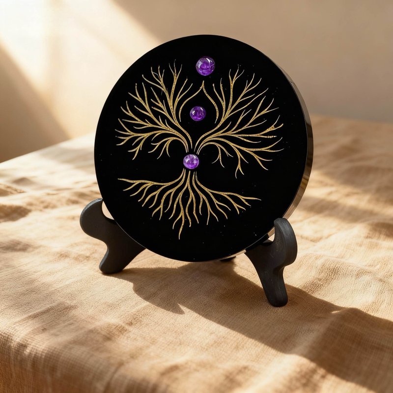黑曜石紫水晶金樹能量擺件 激光雕刻手工描金桌面療癒裝飾 - 擺飾/家飾品 - 水晶 黑色