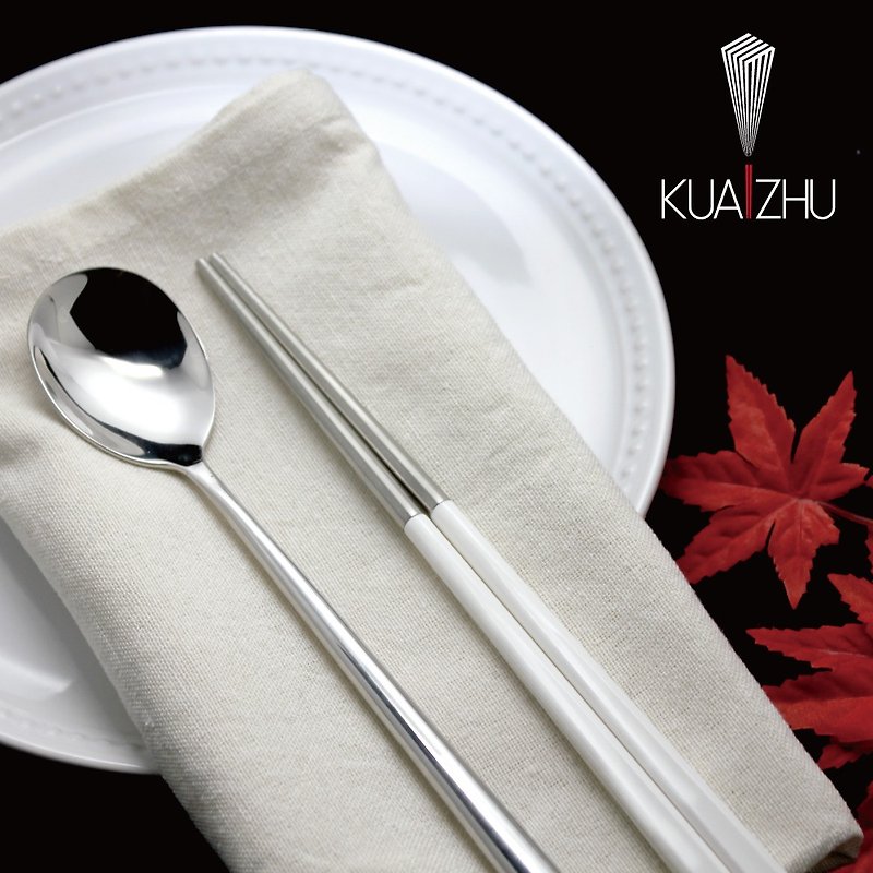 不鏽鋼四角嵌合筷匙餐具組 純淨白(附加餐具袋) - 筷子/筷子架 - 不鏽鋼 白色