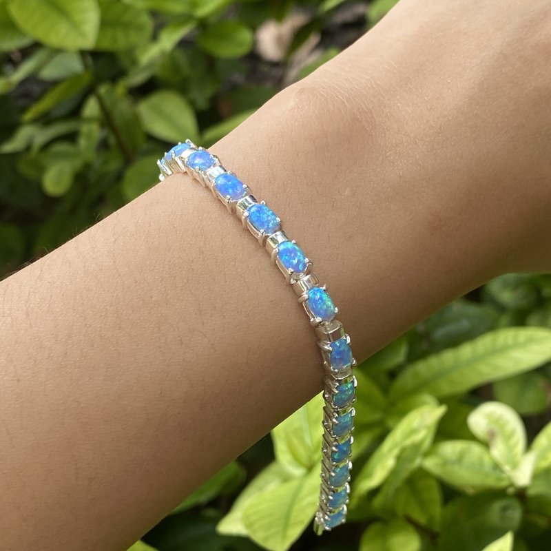 Stunning Quality Light Blue Gilson Opal Tennis Bracelet 925 Sterling Silver - สร้อยข้อมือ - เงินแท้ สีน้ำเงิน