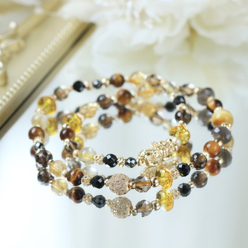 Titanium Stone Black Tourmaline Gold Pixiu Crystal Bracelet. Lucky Career Double Ring Crystal Bracelet - Bracelets - Crystal Gold