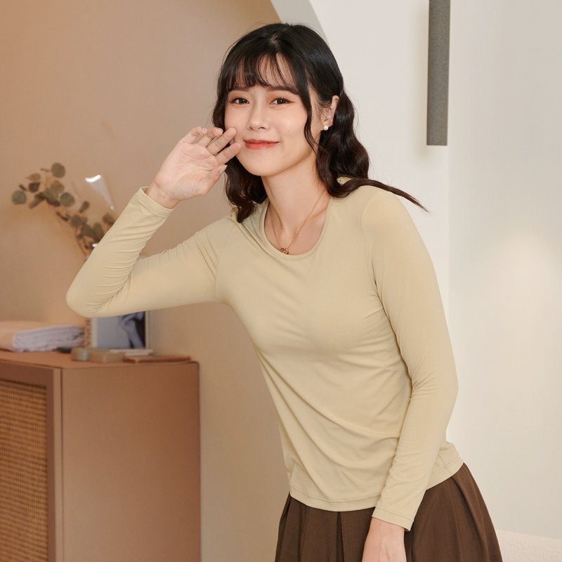 Women's lightweight brushed thermal clothing, sanitary clothing, brushed sweater, high elasticity, large U-neck, nine-quarter sleeves, women's style, fruit green - เสื้อผู้หญิง - เส้นใยสังเคราะห์ 