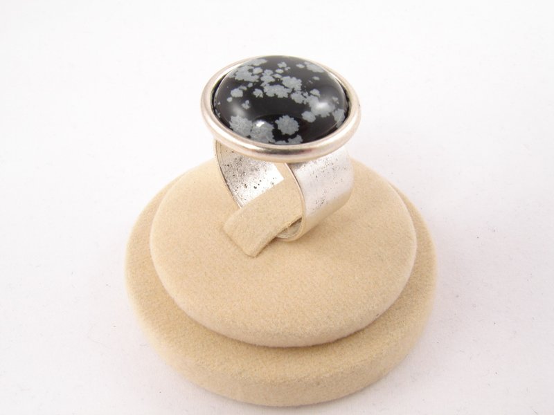 Snowflake Obsidian Adjustable Ring Round Black Stone Boho Statement Ring Jewelry - 戒指 - 半寶石 黑色