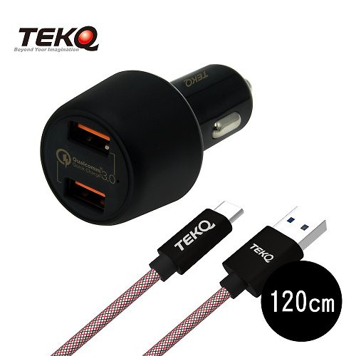 TEKQ Taiwan Design 【TEKQ】2孔 36W USB QC 車充+TEKQ USB-C to USB傳輸充電線120cm