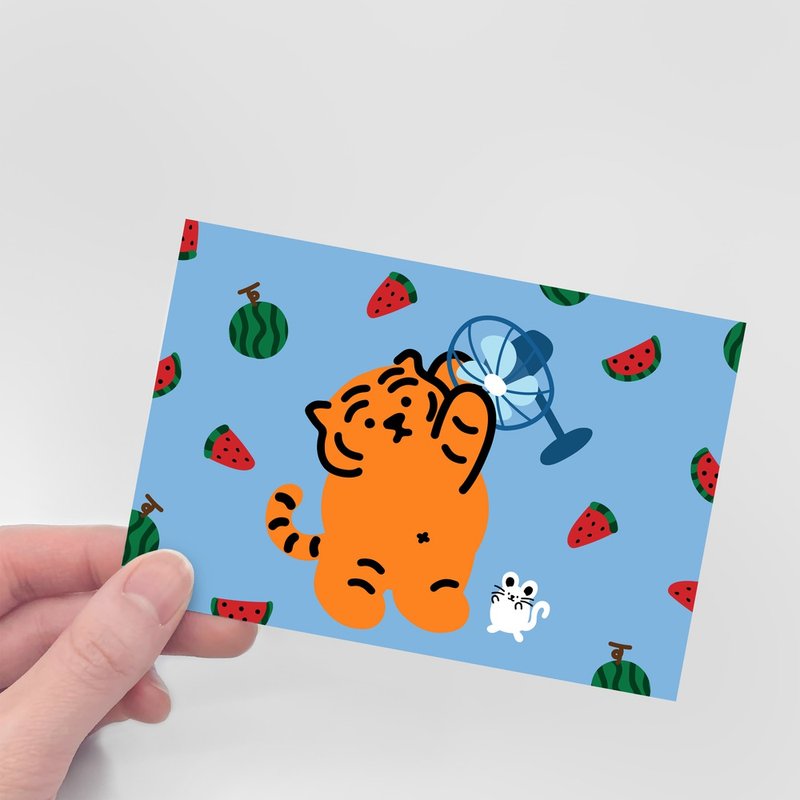 Lying fat tiger watermelon fan summer illustration postcard - Cards & Postcards - Paper 