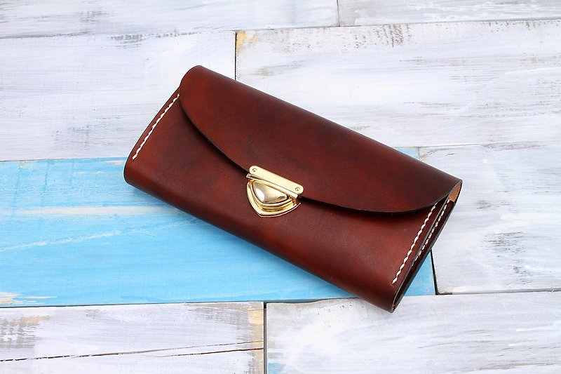 [Tangent School] Genuine Leather Organ Wallet / Large Capacity Ladies Retro Long Clip Buckle - Wallets - Genuine Leather Brown