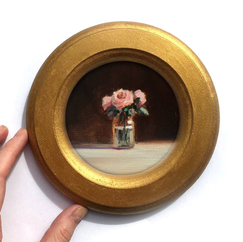 Framed Flower Painting antique style bouquet still life Circular Original round - 壁貼/牆壁裝飾 - 其他材質 粉紅色