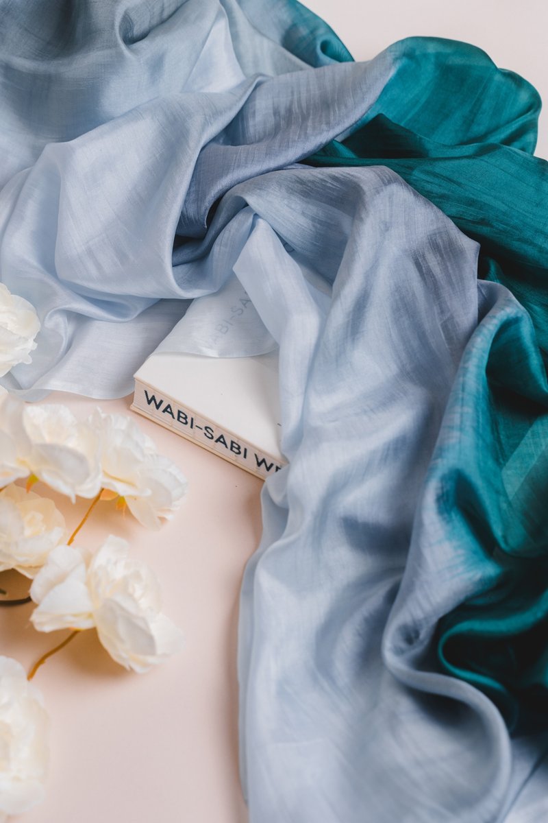 100% Mulberry Silk Scarf – Hand Dyed, Lightweight, Emerald Green-Grey Ombre - 絲巾 - 絲．絹 綠色