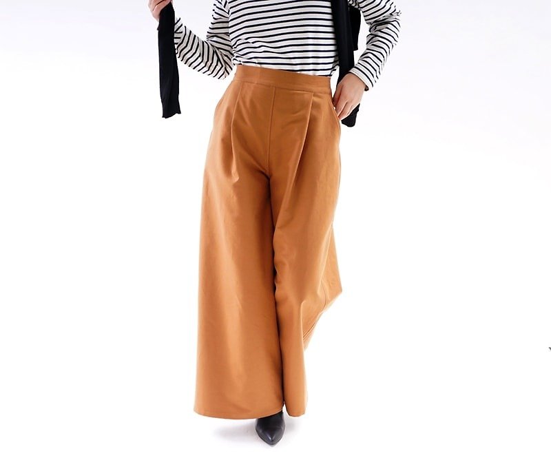 Smooth cotton wide relax pants waist belt loop pocket / Baroque Brass bo2-9 - กางเกงขายาว - ผ้าฝ้าย/ผ้าลินิน สีนำ้ตาล