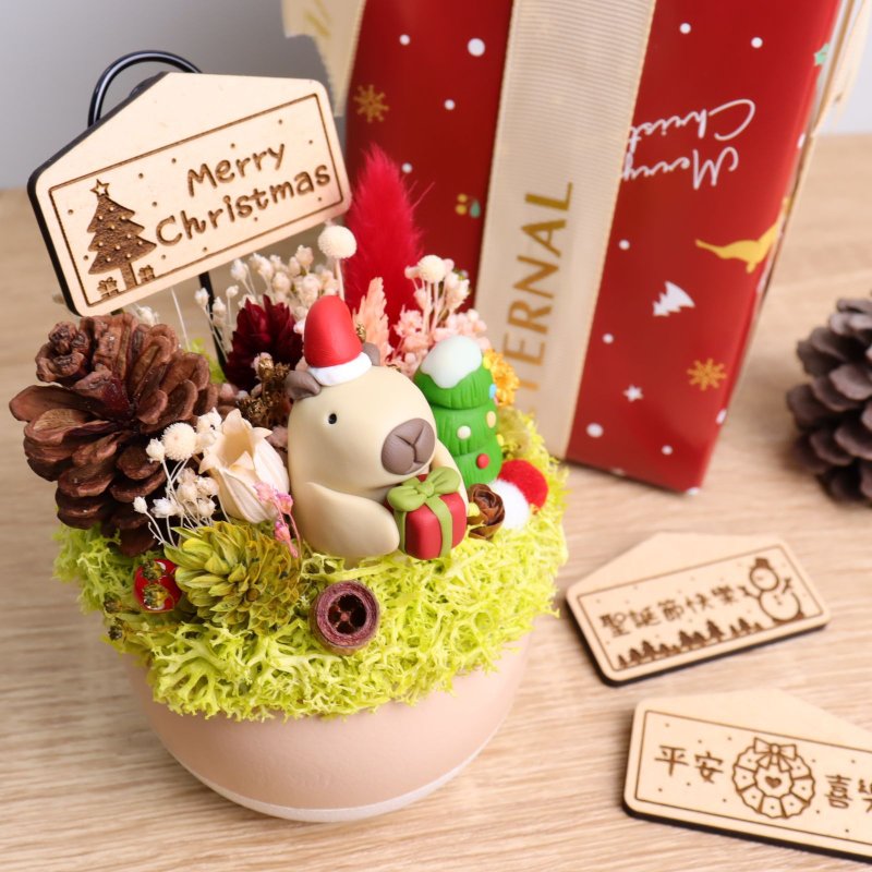 (Early bird pre-order 31% off) Christmas Capybara dry flower business card holder potted plant customized gift Christmas gift box - ช่อดอกไม้แห้ง - ไม้ หลากหลายสี