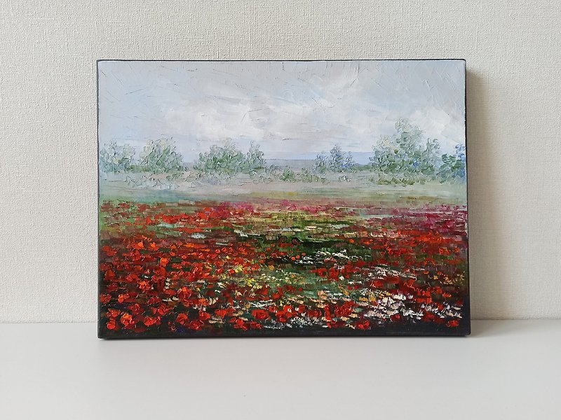 Landscape poppy field abstract art original oil painting on canvas - ตกแต่งผนัง - ผ้าฝ้าย/ผ้าลินิน สีแดง