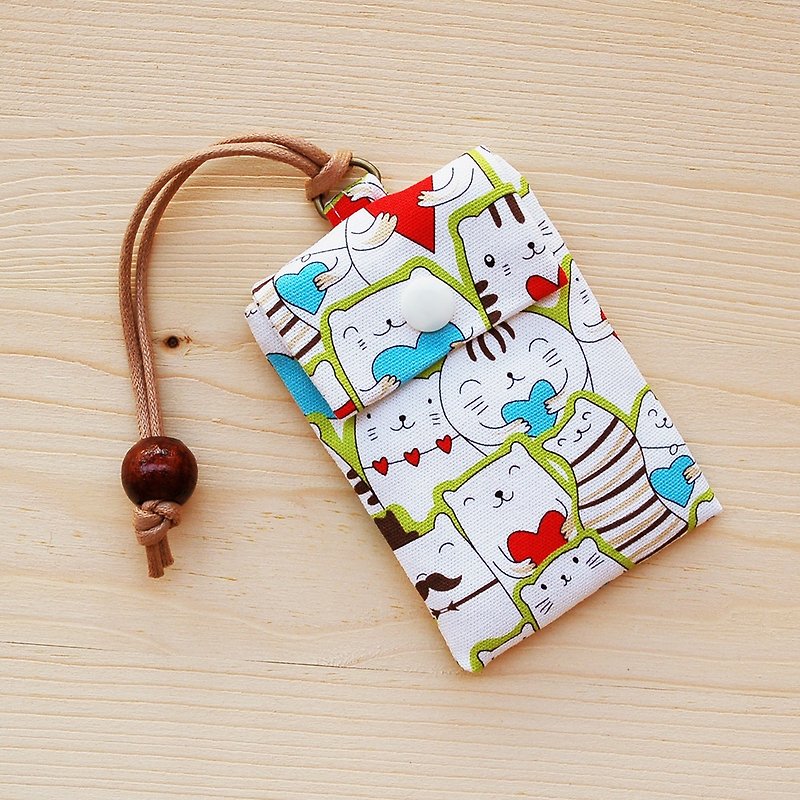 Love Cat Card Bag / Card Case Business Card Bag - ที่ใส่บัตรคล้องคอ - ผ้าฝ้าย/ผ้าลินิน สีเขียว