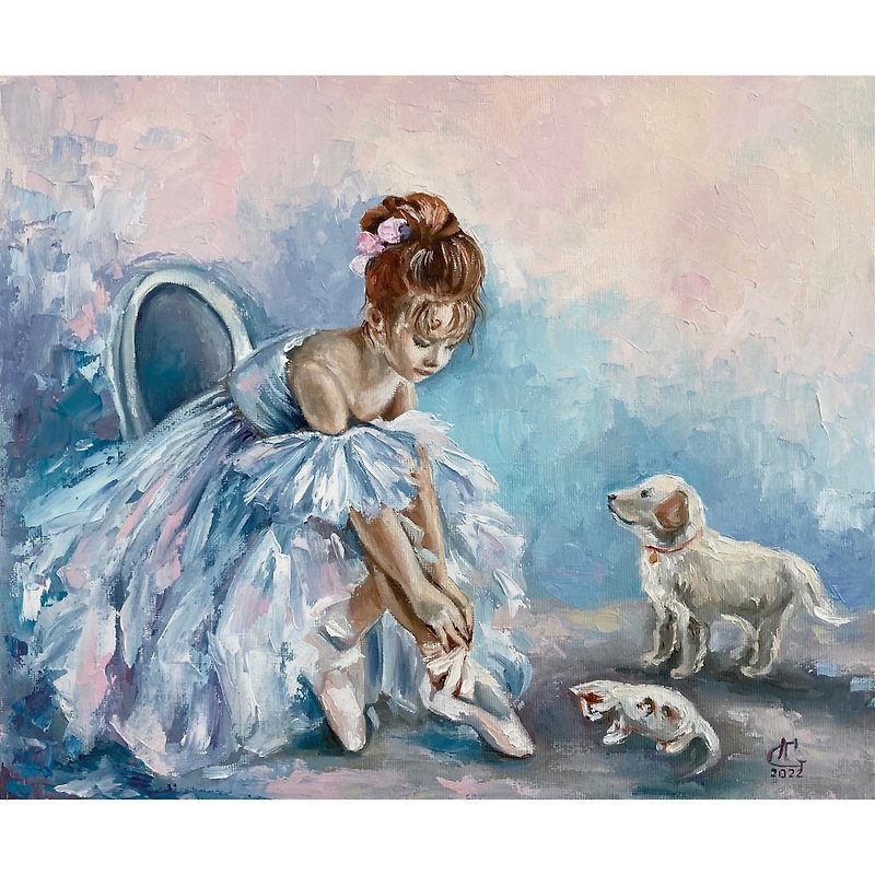 Little Ballerina and her friends Original Oil Art Ballet Dancer Painting - 壁貼/牆壁裝飾 - 其他材質 多色