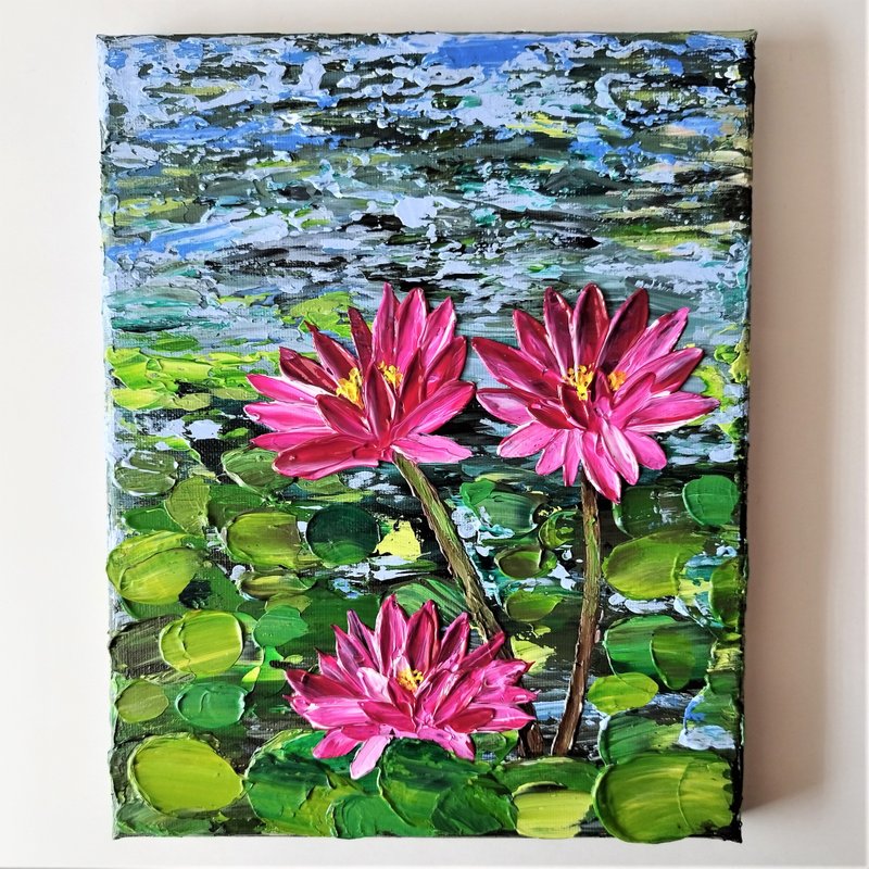 Water Lily Acrylic Painting Textured Wall Art – Pink Lotus Flower Canvas Artwork - 壁貼/牆壁裝飾 - 壓克力 多色