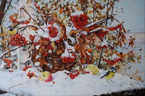 GalleryPaintingsArt Original Oil Painting Ruby Red Berries in Snow, Frosty Branch Canvas Art