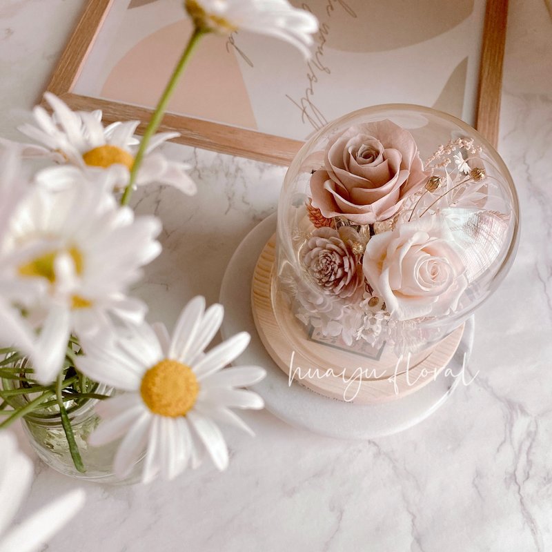 (Customized) Everlasting Rose Dried Flower Glass Cover Valentine's Day Wedding Birthday Mother's Day - ช่อดอกไม้แห้ง - พืช/ดอกไม้ สีกากี