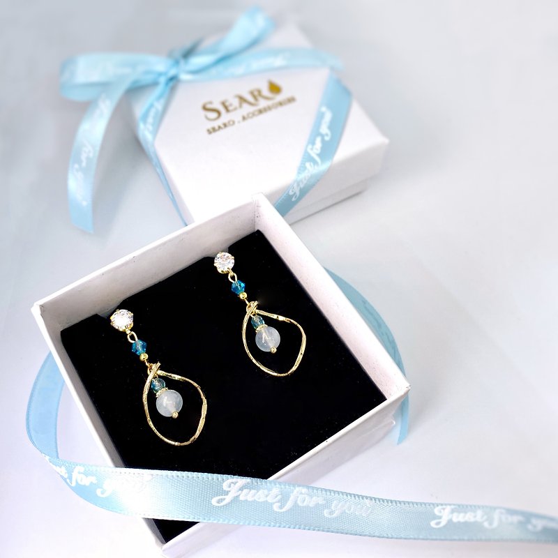 Aquamarine 18K Gold Plated Twisted Waterdrop Ring Natural Stone Crystal Earrings S925 - Earrings & Clip-ons - Crystal Blue