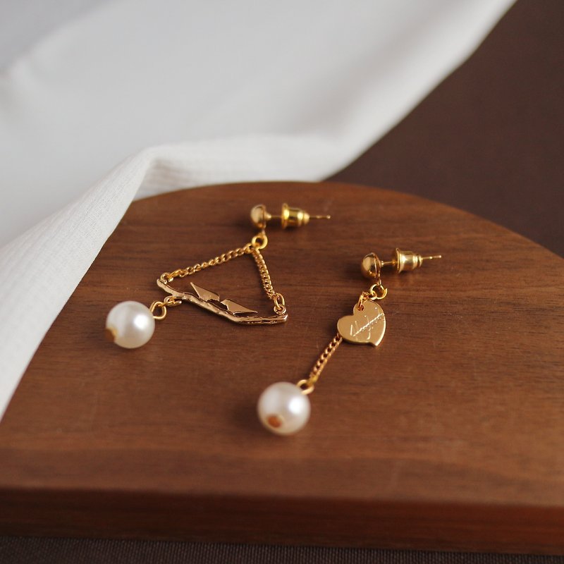 18kgf Irregular bird homing love tag Pearl long earrings dangle drop earrings - Earrings & Clip-ons - Other Metals Gold