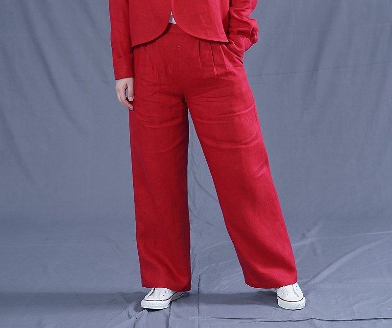 wafu - 亞麻褲子 Midweight Linen Straight-leg Pants / Red b010e-red2 - กางเกงขายาว - ลินิน สีแดง
