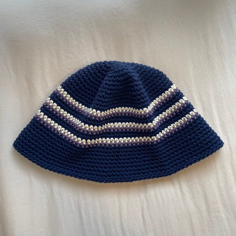 Ships from Japan. Handmade knitted hat/wool hat/fisherman hat/handmade crochet hat/knitted hat - Hats & Caps - Cotton & Hemp Blue