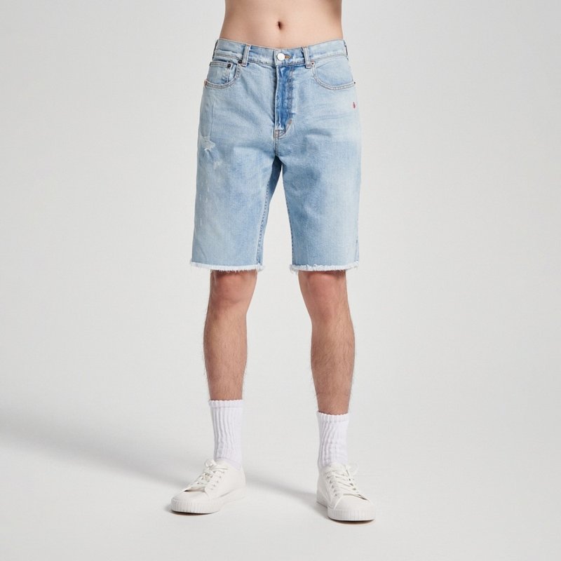 Edo Katsu Japanese style slightly torn denim shorts - men's (bleached light blue) #pants#jeans - กางเกงขาสั้น - ผ้าฝ้าย/ผ้าลินิน สีน้ำเงิน