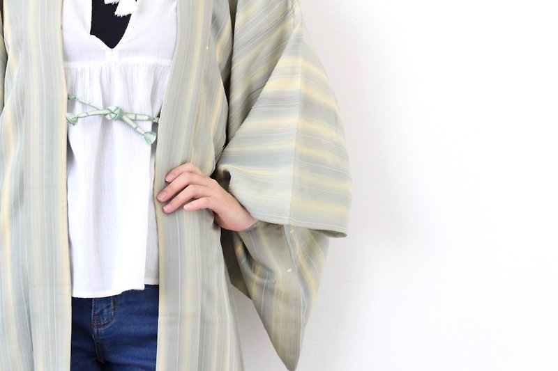 bamboo motife kimono, Japanese silk kimono, authentic kimono /3917 - เสื้อแจ็คเก็ต - ผ้าไหม สีเขียว