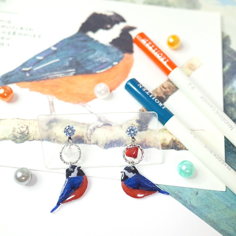 Taiwan's endemic red-bellied tit red agate painting earrings earrings/ Clip-On - ต่างหู - วัสดุกันนำ้ สีแดง