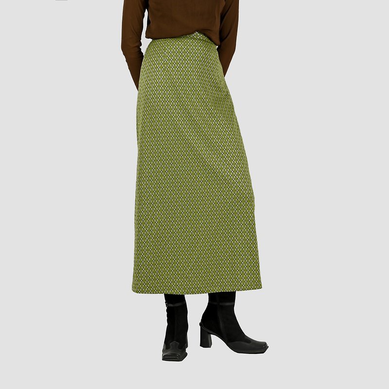 [Egg plant vintage] Wind-green check pattern knitted high-waist vintage dress
